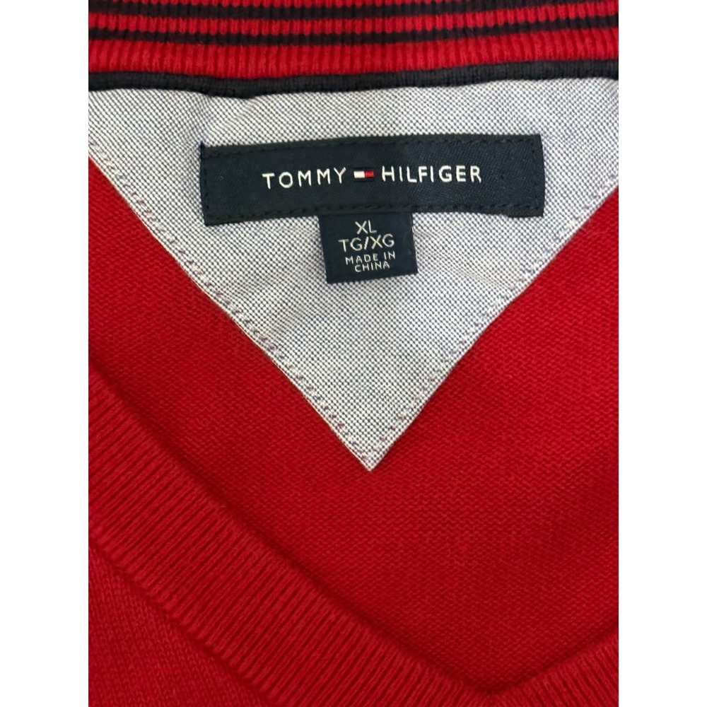 Tommy Hilfiger Sweater Men XL Red V Neck Pullover Logo - Picture 3 of 7